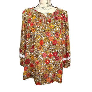 Jane + Delancey Floral Blouse Womens Small Yellow Orange 70s Boho Lace Rayon
